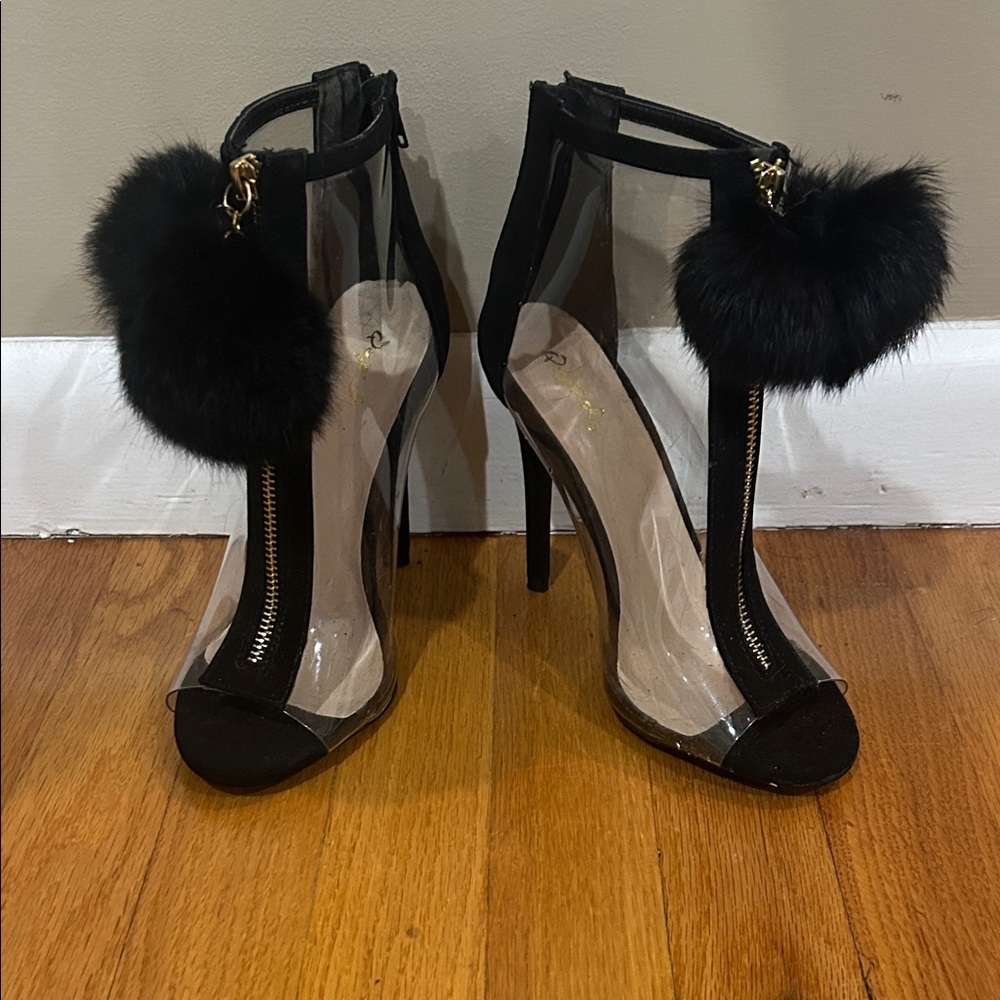 Qupid Black and Clear Heels with Pom Pom